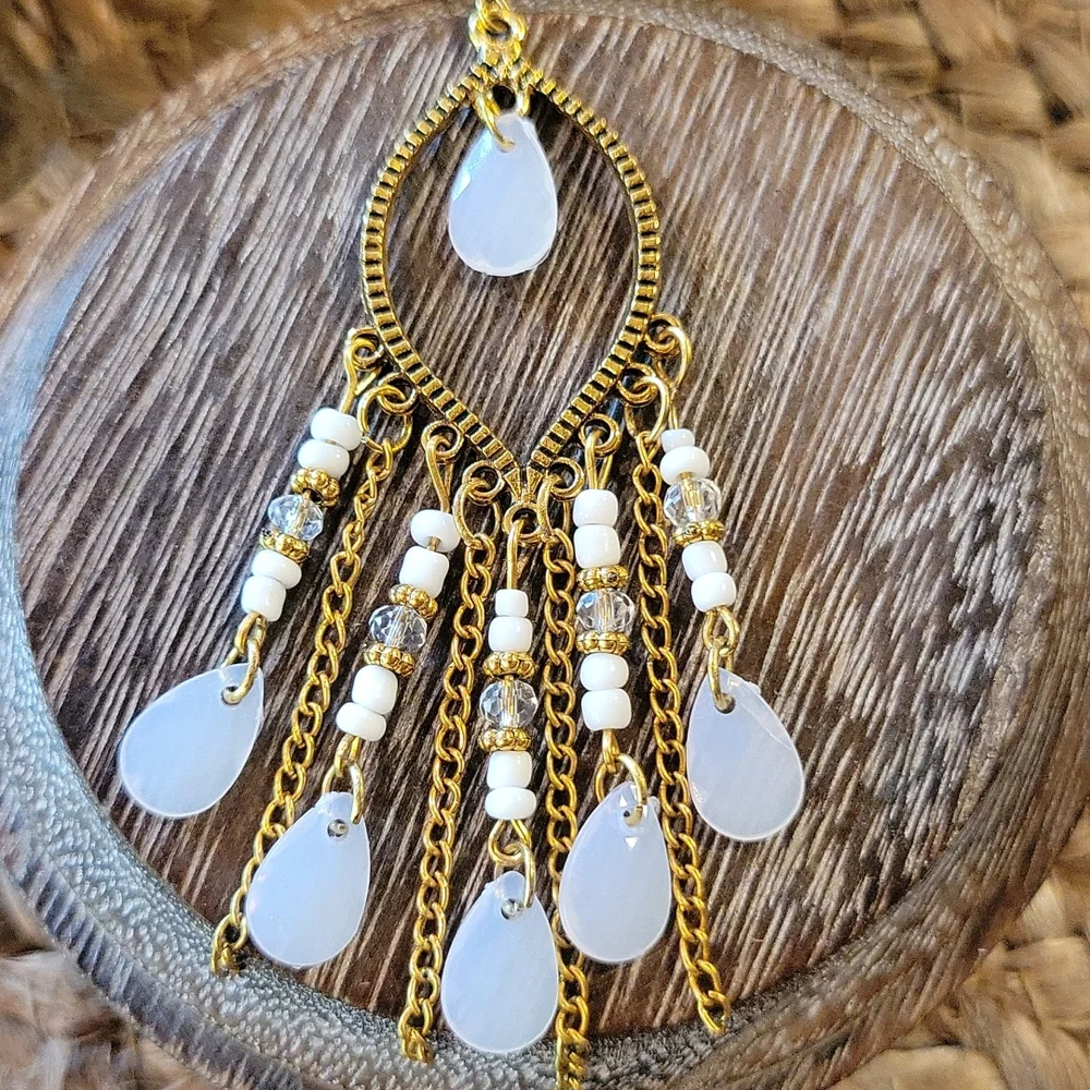 White Beaded Boho Dangle Earrings - Picture 4 of 6